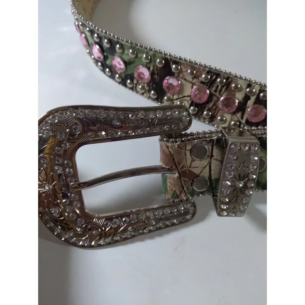 Unbranded Leather Belt Multicolored Rhinestones Bling Disco Cowgirl Sz L 36
